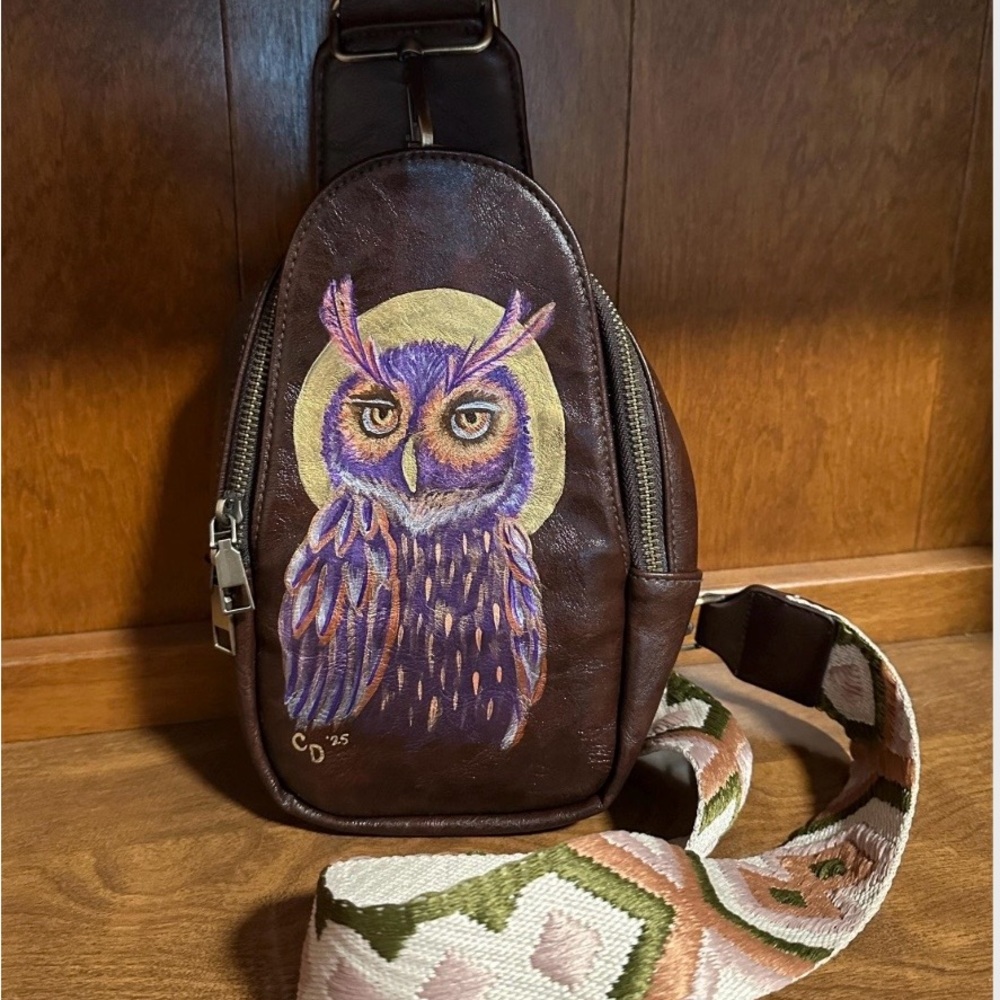 Hand painted Brown faux Leather Owl Crossbody Bag with woven strap